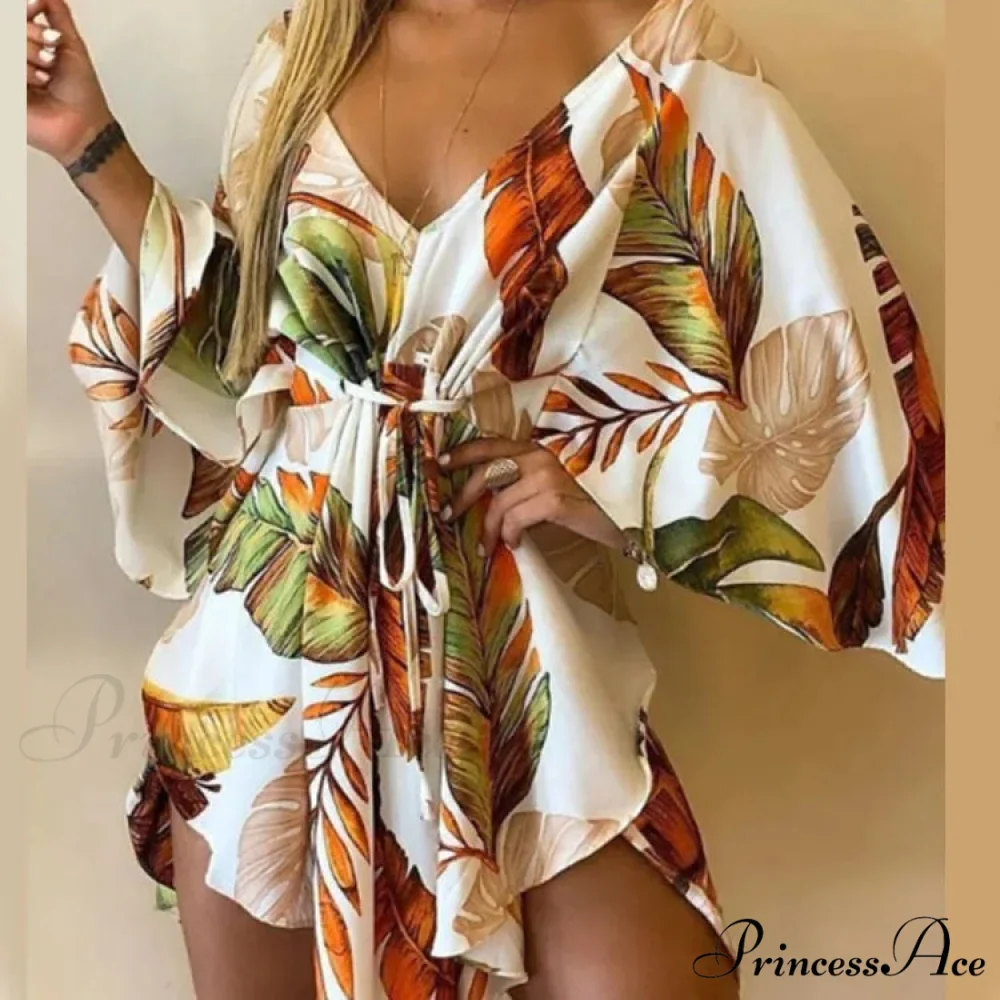 Attractive V-neck Bat Sleeve Bohemian Floral Beach Sundress - Image 16