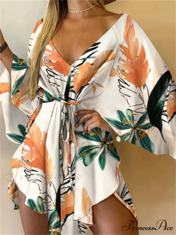 Attractive V-neck Bat Sleeve Bohemian Floral Beach Sundress - Image 3