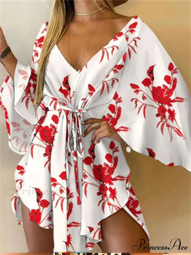 Attractive V-neck Bat Sleeve Bohemian Floral Beach Sundress - Image 4