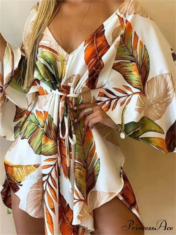 Attractive V-neck Bat Sleeve Bohemian Floral Beach Sundress - Image 5