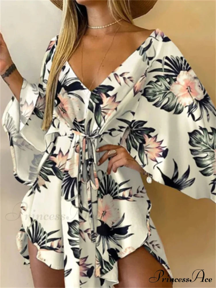 Attractive V-neck Bat Sleeve Bohemian Floral Beach Sundress - Image 6