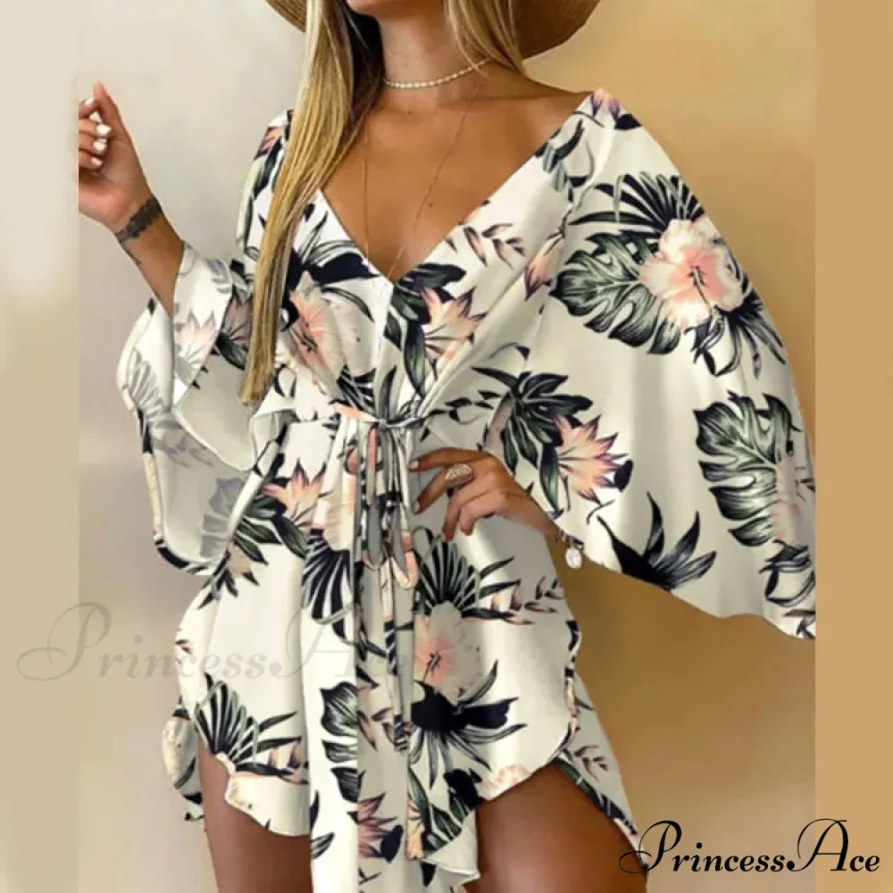 Attractive V-neck Bat Sleeve Bohemian Floral Beach Sundress - Image 8