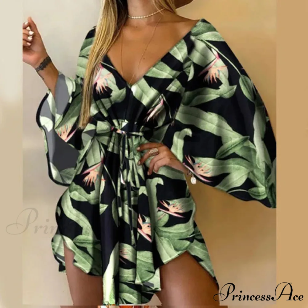 Attractive V-neck Bat Sleeve Bohemian Floral Beach Sundress - Image 9