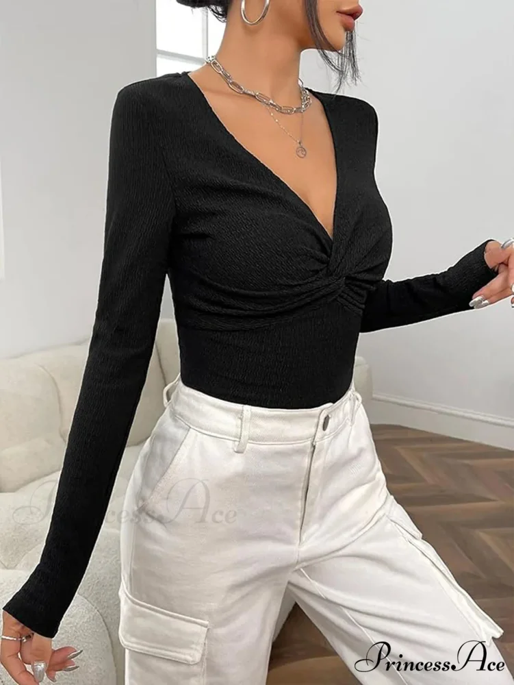 Attractive V-Neck Knitted Base Blouse Figure Trim Fit Top Women - Image 2