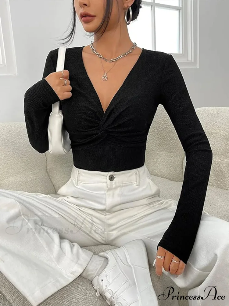 Attractive V-Neck Knitted Base Blouse Figure Trim Fit Top Women - Image 3