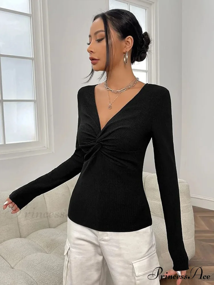 Attractive V-Neck Knitted Base Blouse Figure Trim Fit Top Women - Image 4