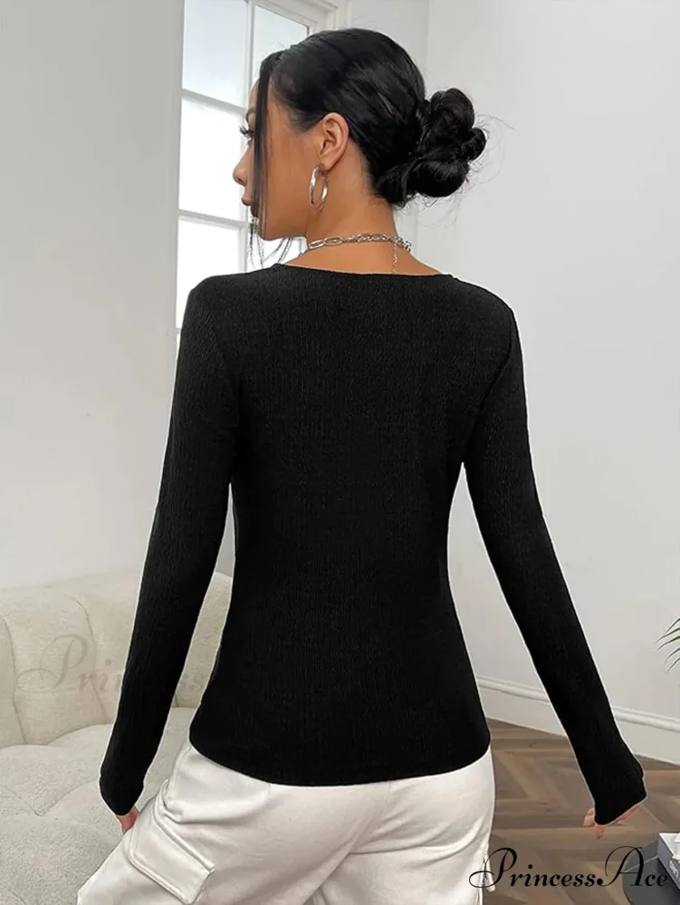 Attractive V-Neck Knitted Base Blouse Figure Trim Fit Top Women - Image 5
