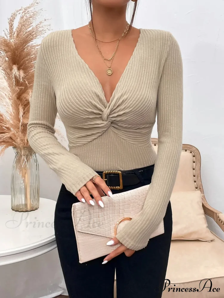 Attractive V-Neck Ruffled Tied Long Sleeve Knitted Top Women - Image 4