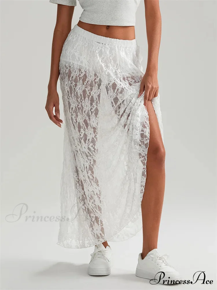Autumn Extended Maxi Skirt Stretchy Waistband Lace Floral Informal Skirt - Image 2