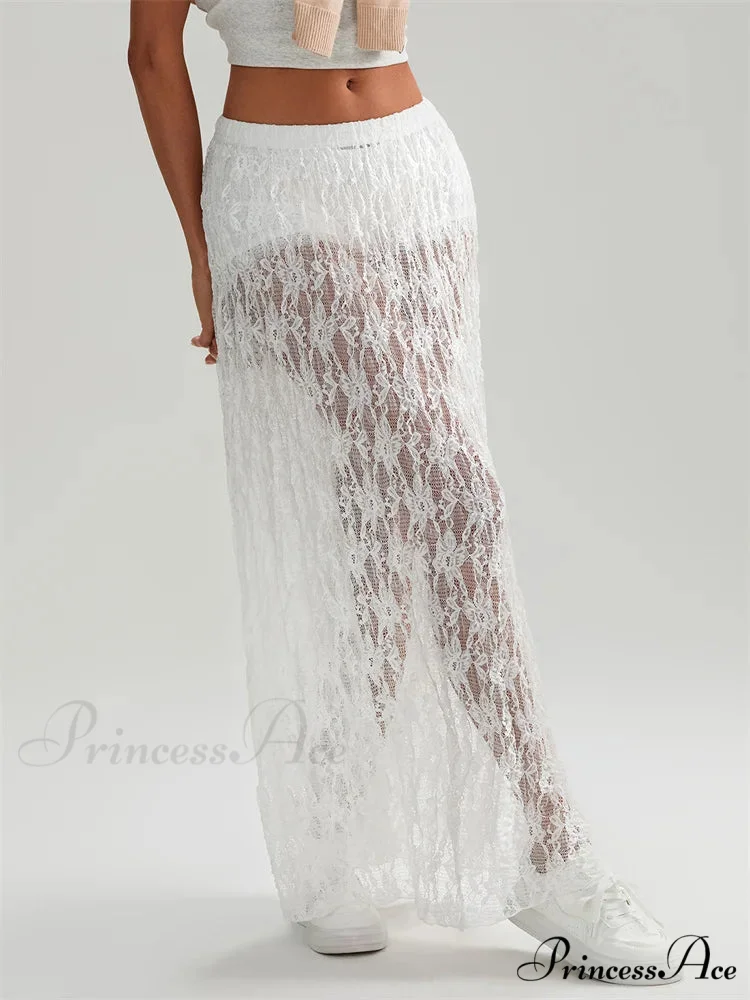 Autumn Extended Maxi Skirt Stretchy Waistband Lace Floral Informal Skirt - Image 3