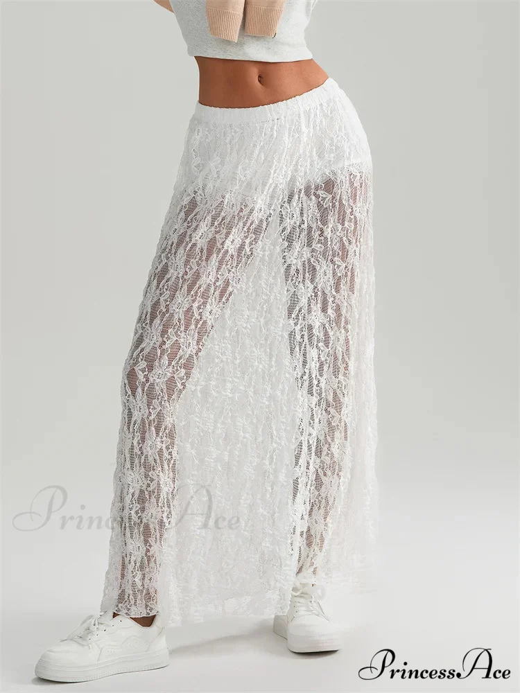 Autumn Extended Maxi Skirt Stretchy Waistband Lace Floral Informal Skirt - Image 4
