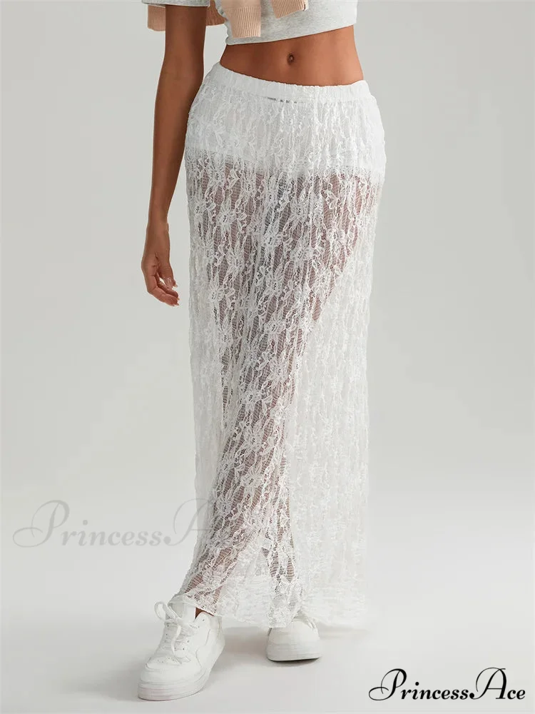 Autumn Extended Maxi Skirt Stretchy Waistband Lace Floral Informal Skirt - Image 5