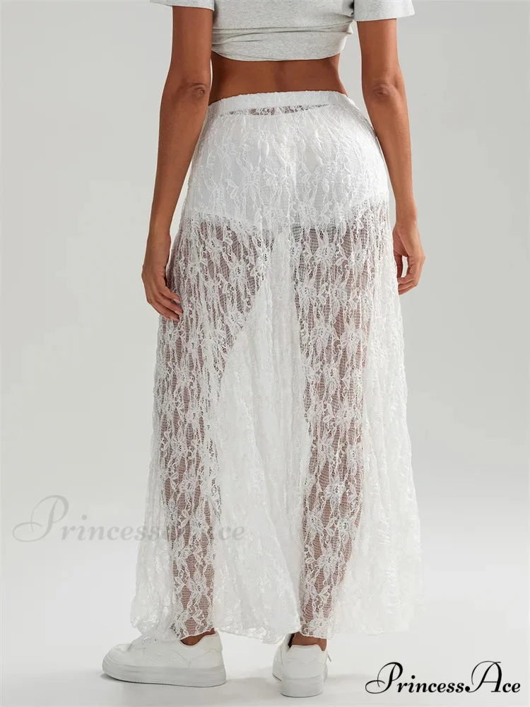 Autumn Extended Maxi Skirt Stretchy Waistband Lace Floral Informal Skirt - Image 6