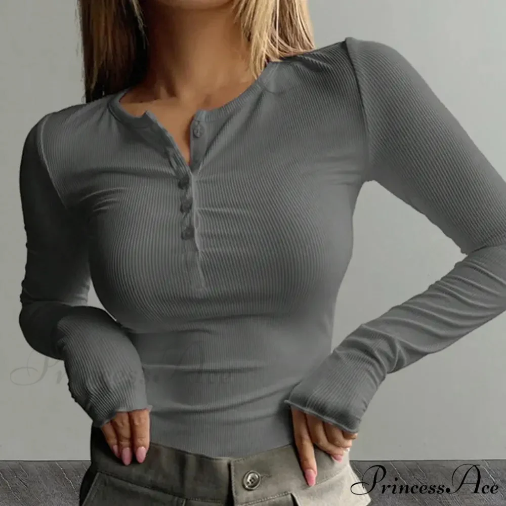Autumn Spring Buttoned Long Sleeve Fitted Knitted Top - Image 2