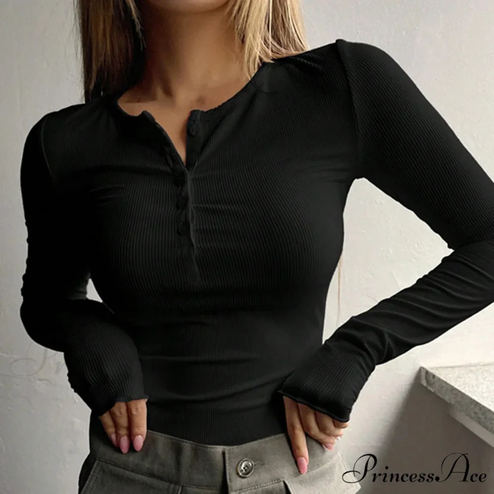 Autumn Spring Buttoned Long Sleeve Fitted Knitted Top - Image 4
