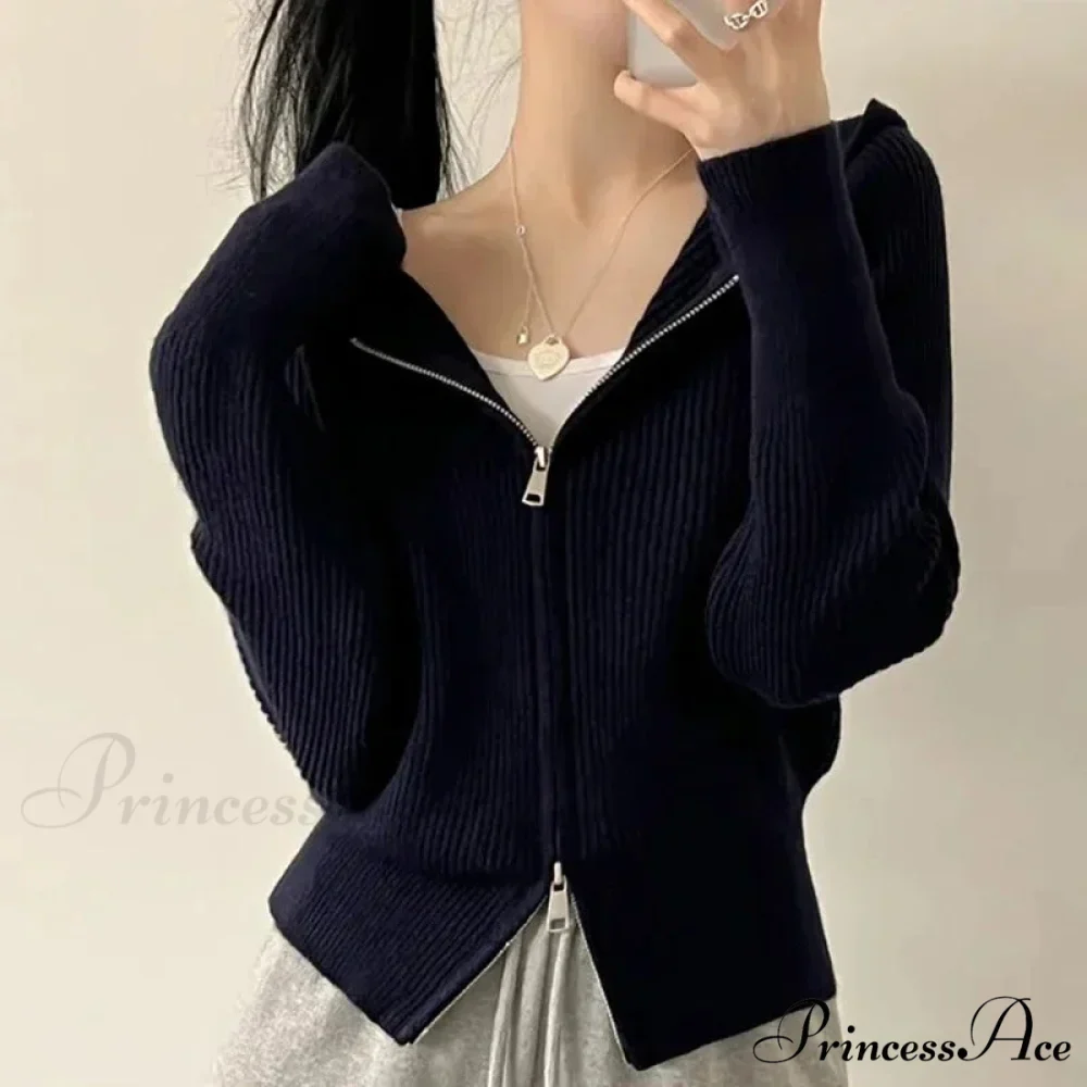 Autumn Winter Long Sleeve Short Loose Solid Knitted Zipper Cardigan - Image 7