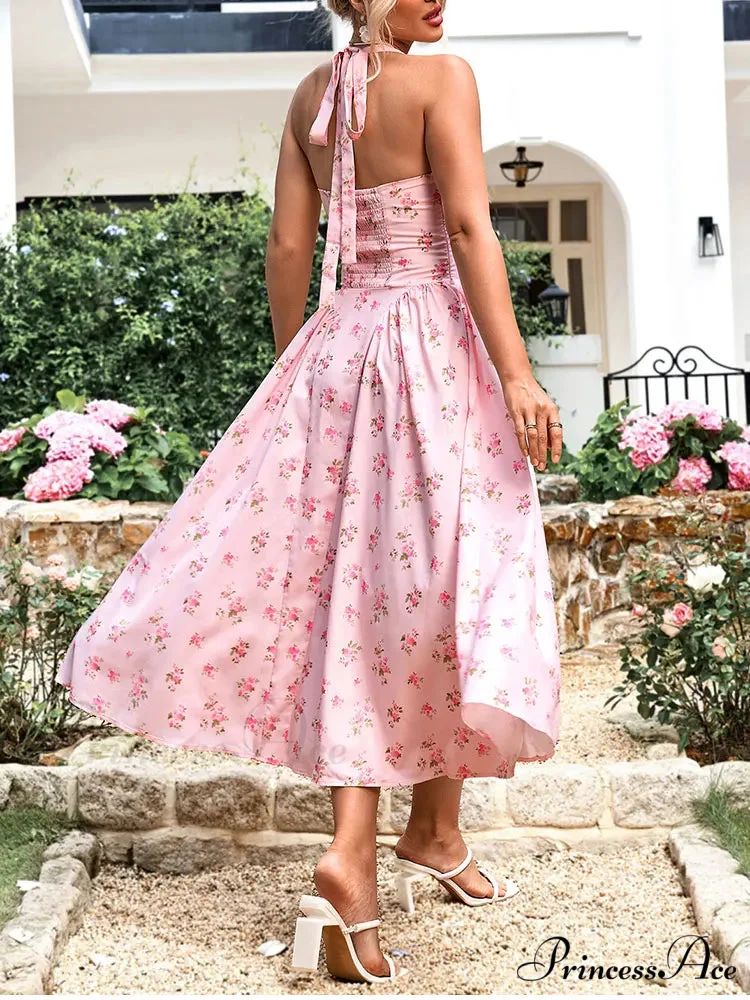 Backless Print Floral Pink Dress - Image 2