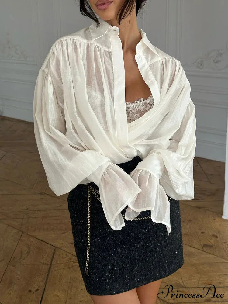 Baggy Lapel Transparent Patchwork Blouse - Image 2