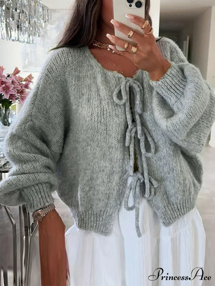 Baggy V-Neck Bind Front Knit Cardigan - Image 6