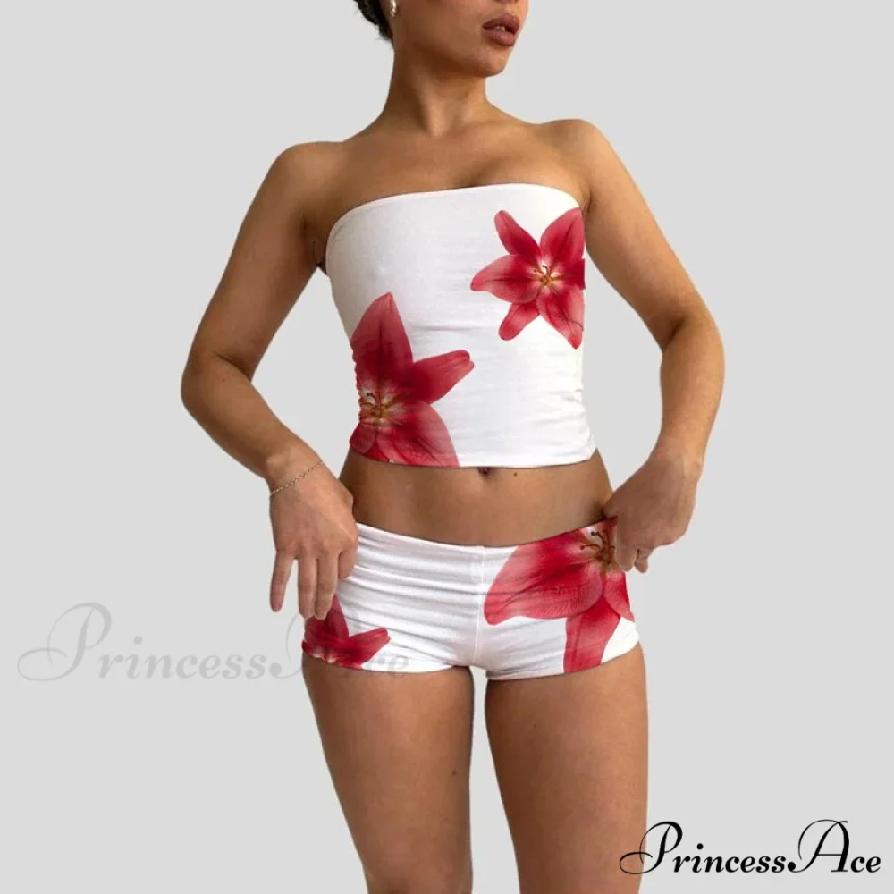 Beach Holiday Lounge Attire 2 Piece Set Floral Pattern Strapless Crop Tube Tops Bandeau + Slim Mini Skirt Wrap Bodycon Women - Image 2