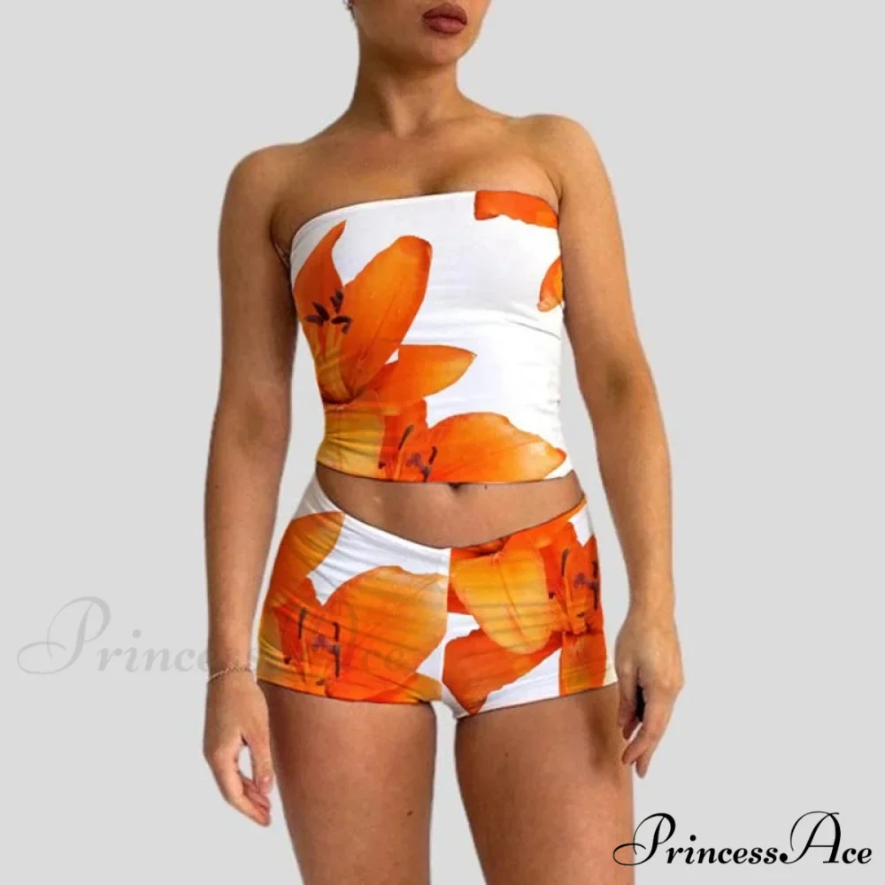 Beach Holiday Lounge Attire 2 Piece Set Floral Pattern Strapless Crop Tube Tops Bandeau + Slim Mini Skirt Wrap Bodycon Women - Image 3