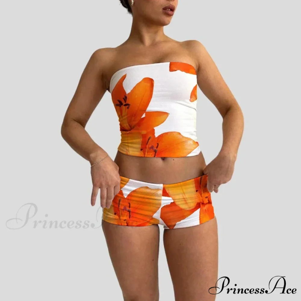 Beach Holiday Lounge Attire 2 Piece Set Floral Pattern Strapless Crop Tube Tops Bandeau + Slim Mini Skirt Wrap Bodycon Women - Image 4