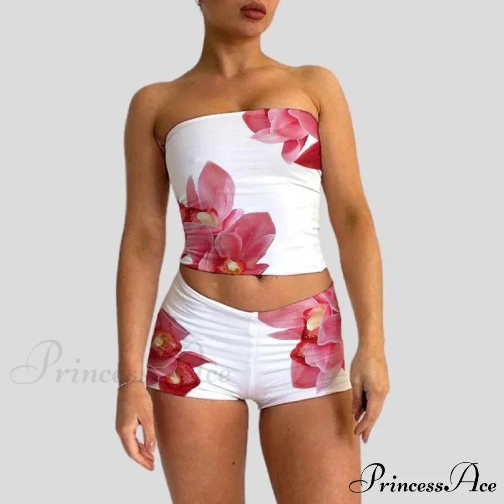 Beach Holiday Lounge Attire 2 Piece Set Floral Pattern Strapless Crop Tube Tops Bandeau + Slim Mini Skirt Wrap Bodycon Women - Image 5