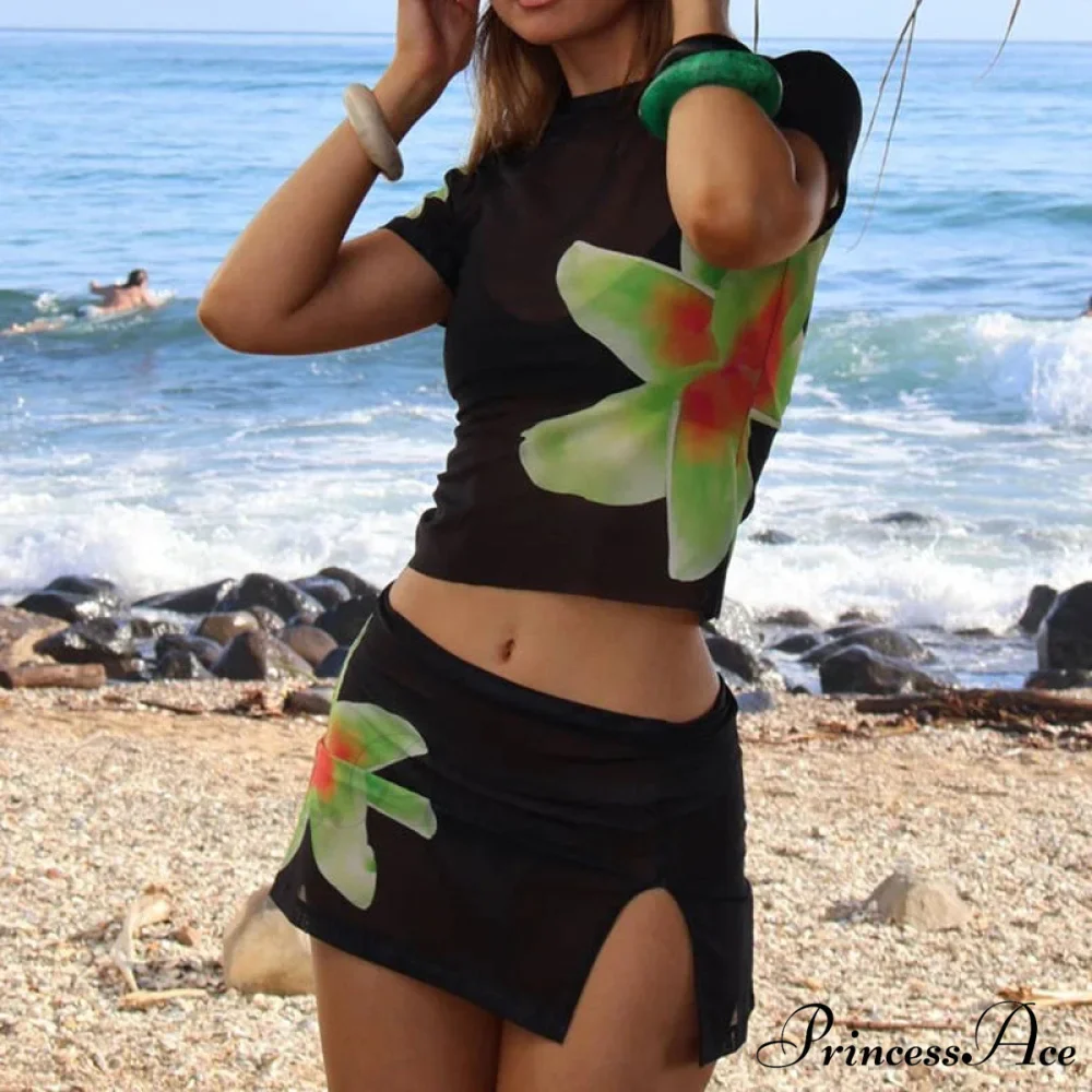 Beach Vacation 2 Piece Floral Print Sheer Mesh Short Sleeve T-Shirt + Mini A-Line Skirt Women Summer Cover-ups Crop Tops Outfits - Image 2