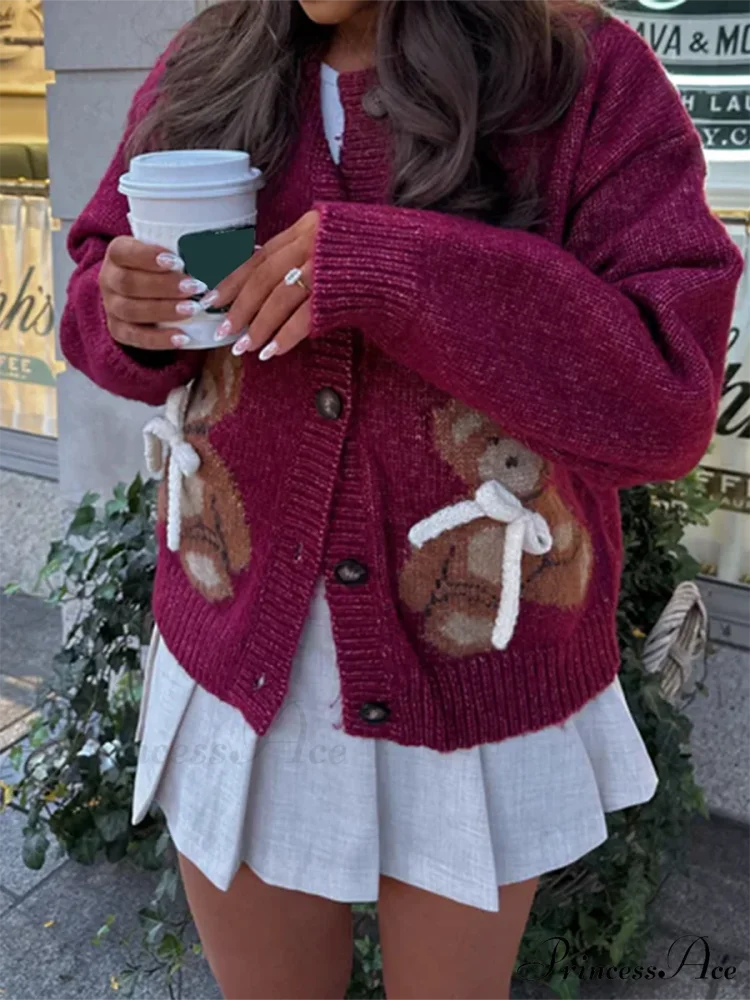 Bear Print Button-Up Circular Neck Knit Cardigan