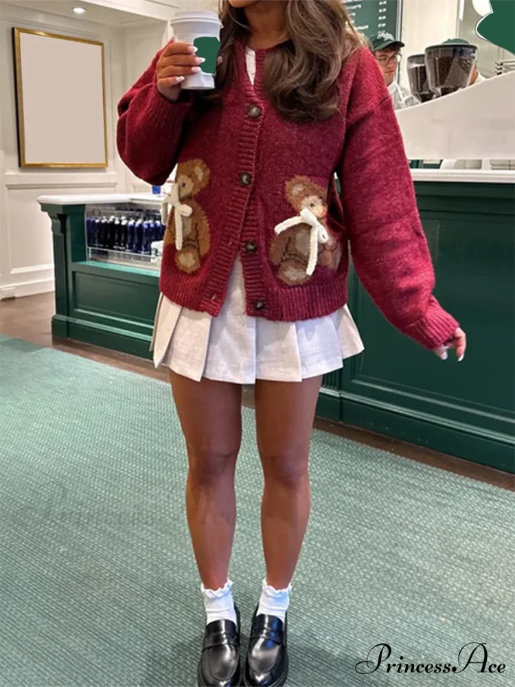 Bear Print Button-Up Circular Neck Knit Cardigan - Image 2