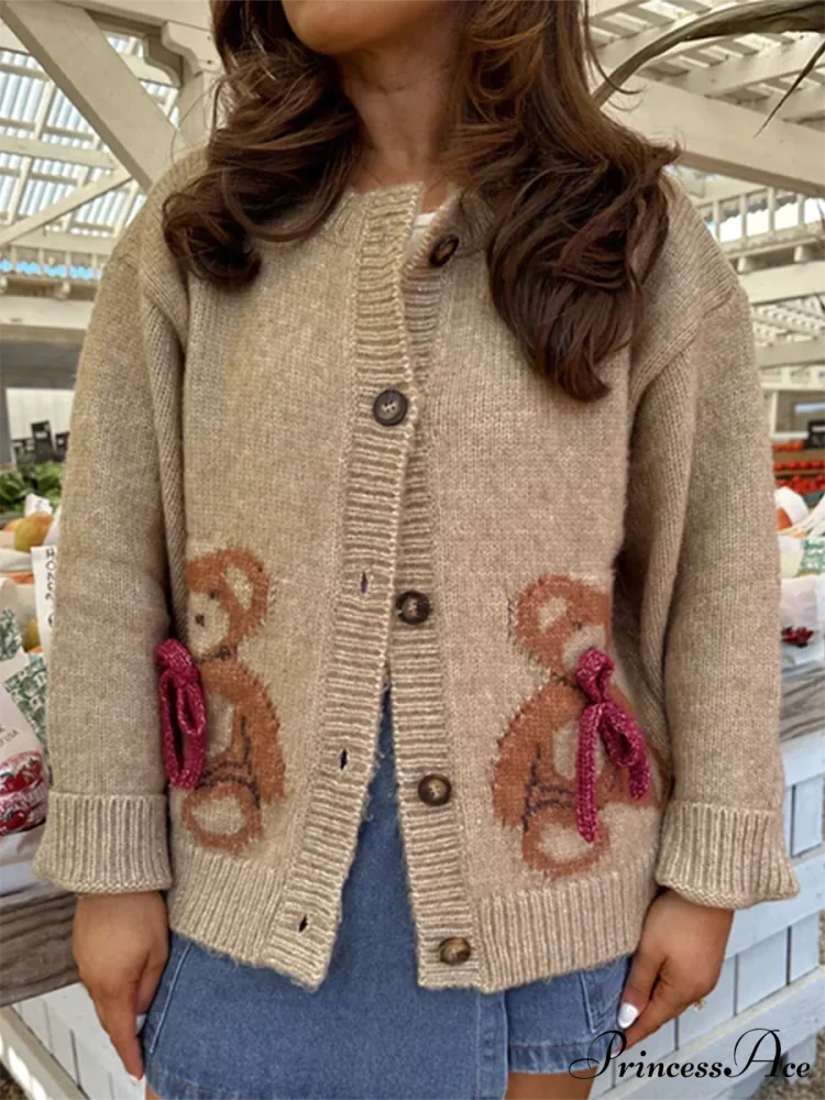 Bear Print Button-Up Circular Neck Knit Cardigan - Image 4