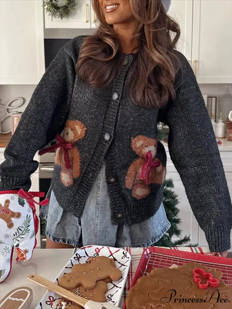 Bear Print Button-Up Circular Neck Knit Cardigan - Image 5