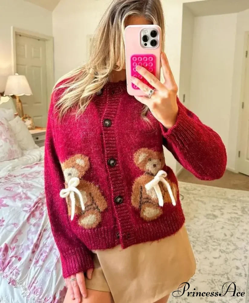 Bear Print Button-Up Circular Neck Knit Cardigan - Image 6