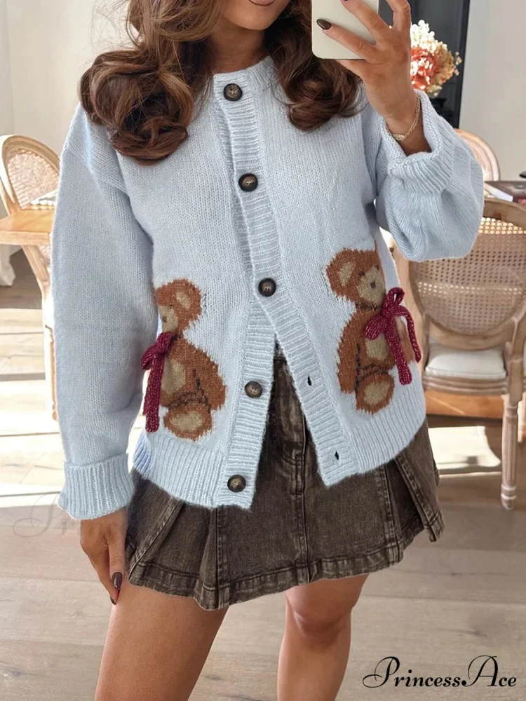 Bear Print Button-Up Circular Neck Knit Cardigan - Image 7