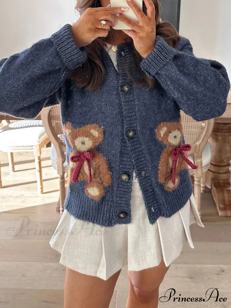 Bear Print Button-Up Circular Neck Knit Cardigan - Image 8
