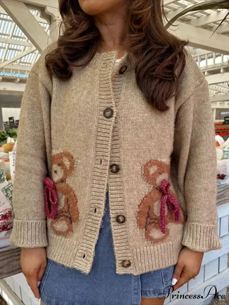 Bear Print Button-Up Circular Neck Knit Cardigan - Image 9