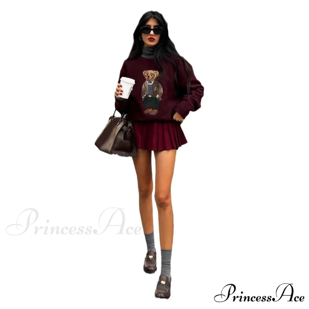 Bear Embroidered Retro Slim-Fit Crew Neck Sweater - Image 5