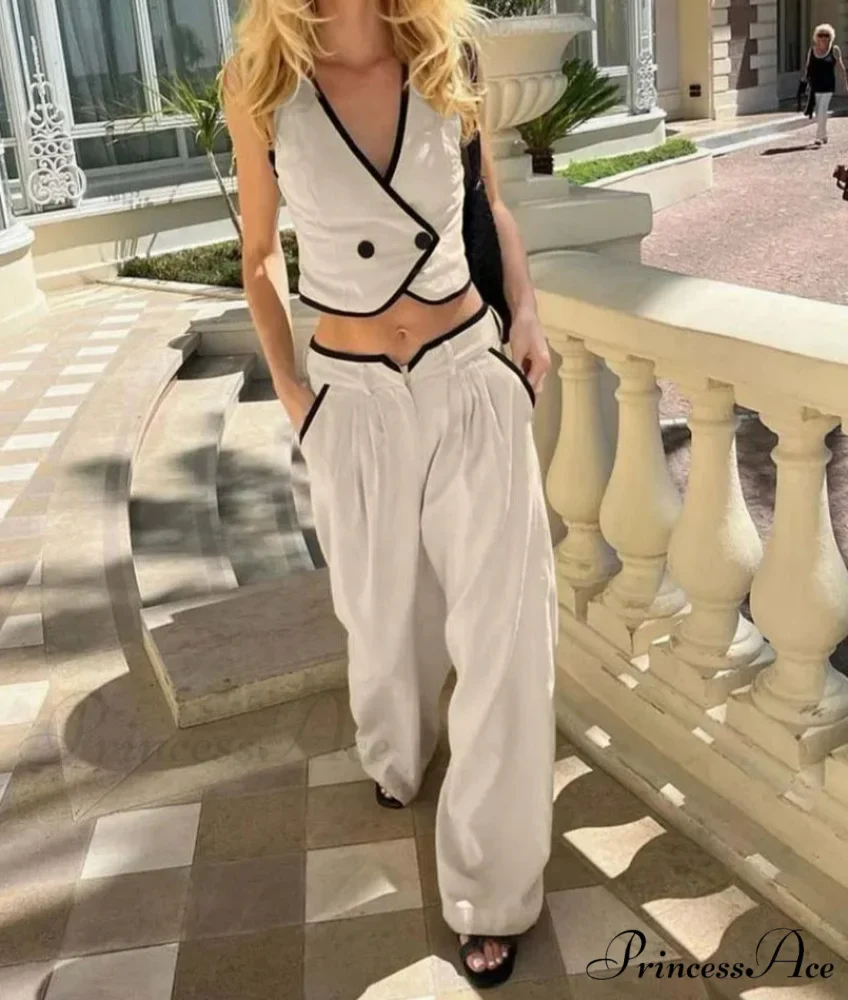 Beige Cotton Patchwork Pockets Trousers Work Two Piece Set - Image 2