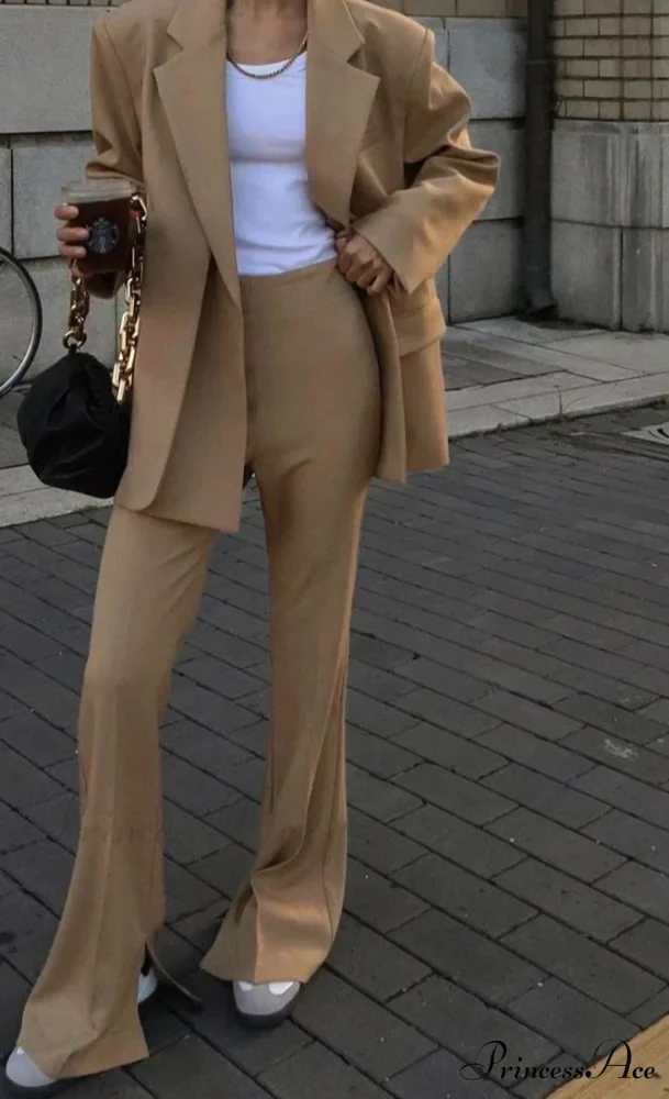 Beige Extended Sleeve Opening Trousers Workplace Two Piece Set - Image 2