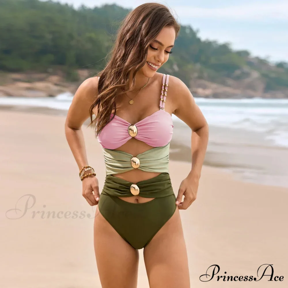 Beige Metallic Clasp Pleated One Piece Swimsuit - Image 10
