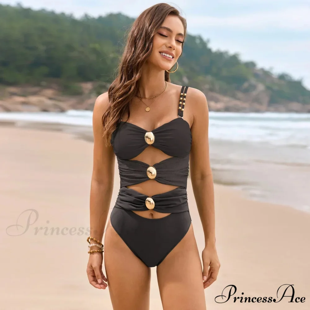 Beige Metallic Clasp Pleated One Piece Swimsuit - Image 7