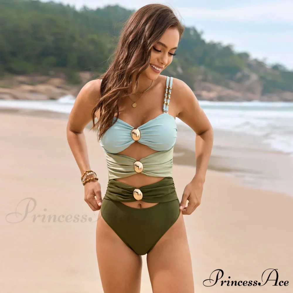 Beige Metallic Clasp Pleated One Piece Swimsuit - Image 9
