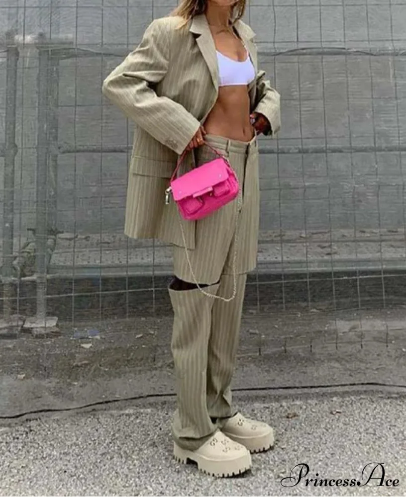 Beige Pattern Cut Out Pants Work Two Piece Ensemble - Image 2