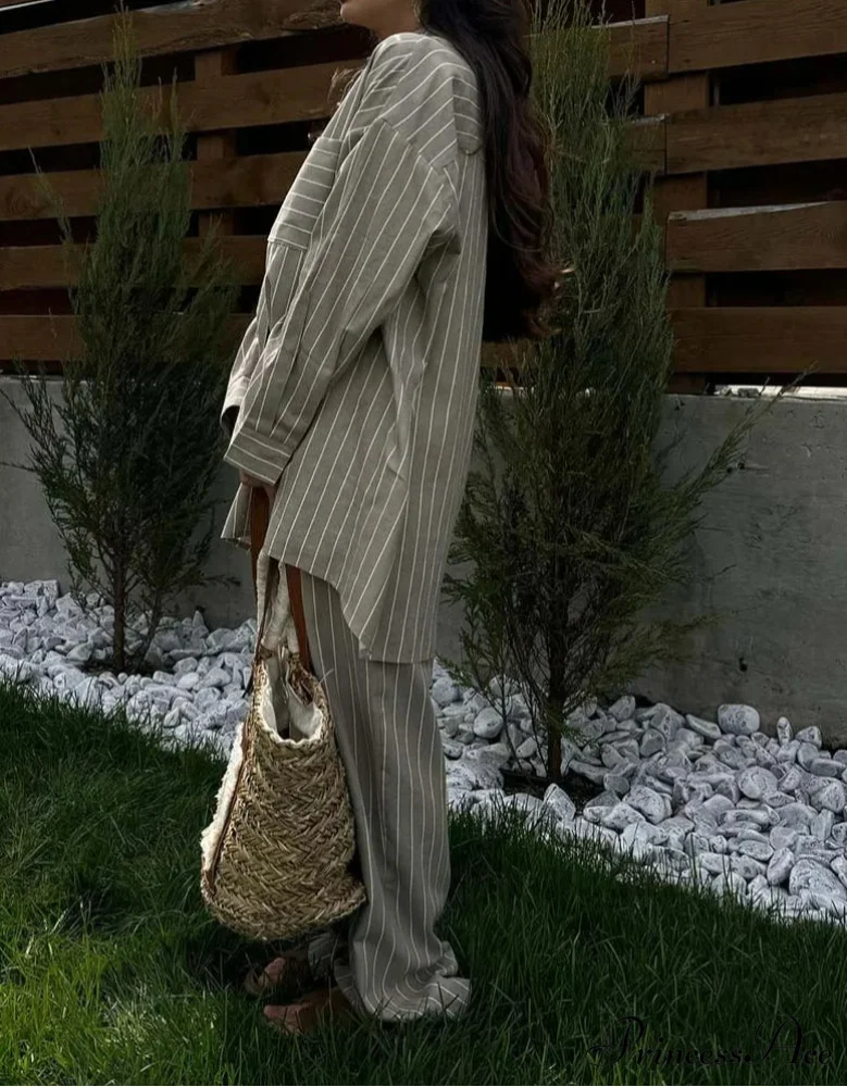 Beige Pattern Pockets Straight Trousers Work Two Piece Set - Image 2