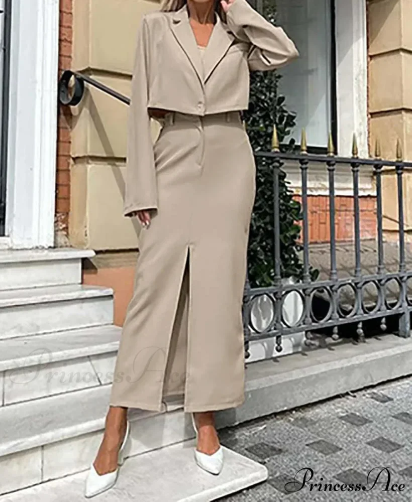 Beige Single Button Crop Skirt Workplace Two Piece Set - Image 2