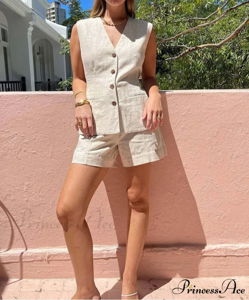 Beige Sleeveless Button Shorts Workplace Two Piece Set - Image 2