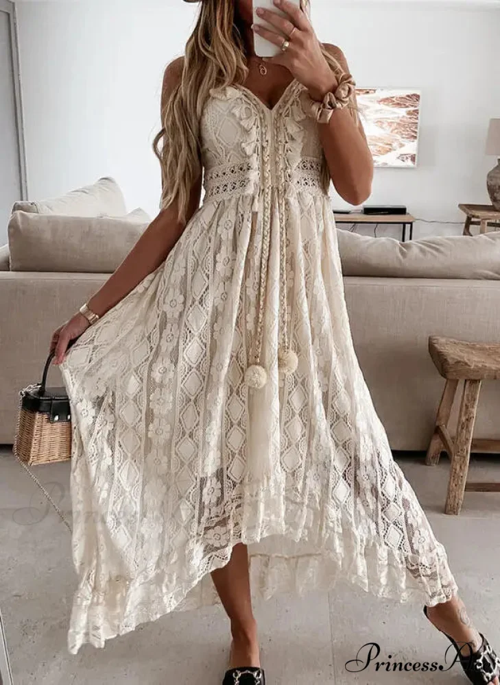 Beltless Sleeveless Plunging Neckline Fringe Lace Maxi White Bohemian Dress - Image 2