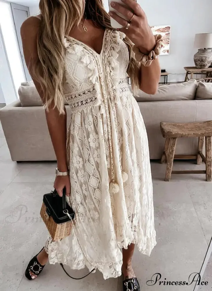 Beltless Sleeveless Plunging Neckline Fringe Lace Maxi White Bohemian Dress - Image 5