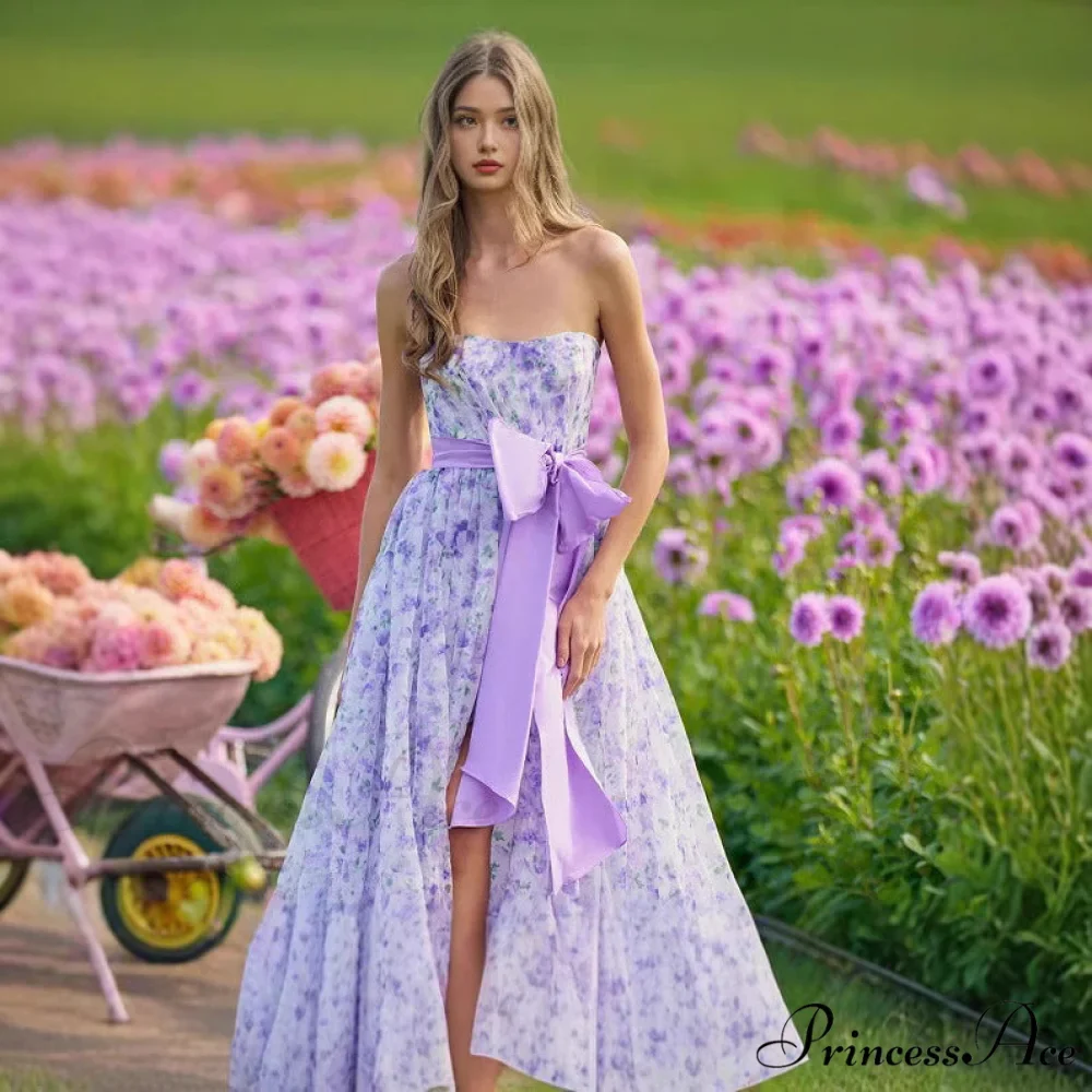 Blossoming Frilled V-Neck Tall Hem Prom Gown - Image 4