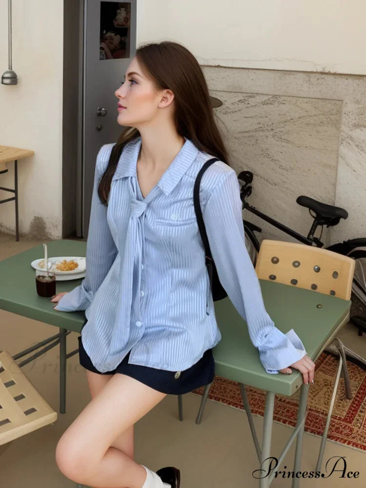 Blue Band Long Sleeve Necktie Blouse - Image 3